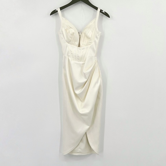 HOUSE OF CB XS WHITE MIDI FITTED FAYE DRESS Faye Satin Pleated Midi extra small - Picture 4 of 12